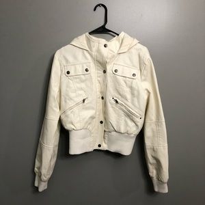 White/cream imitation leather bomber jacket